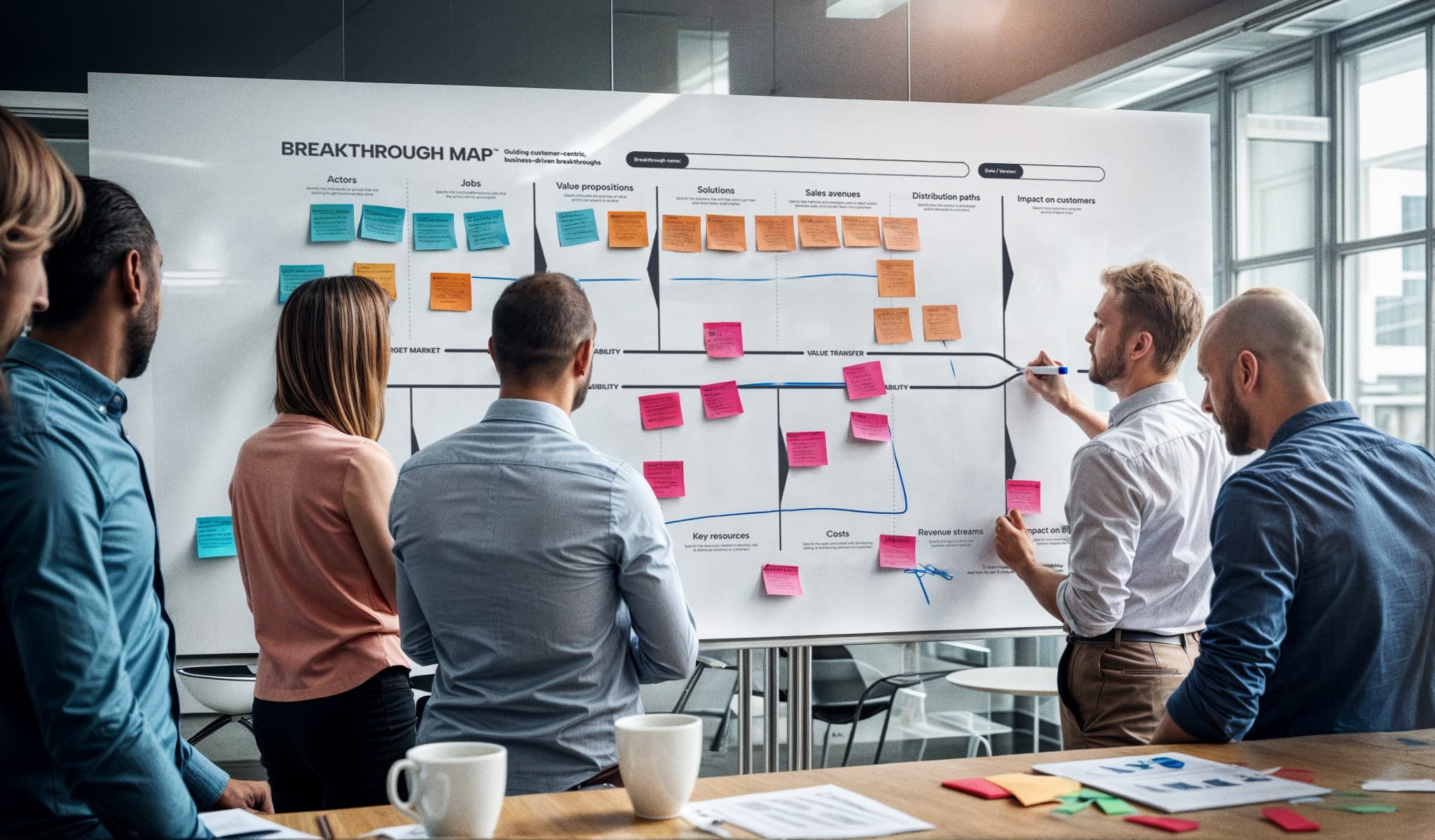 Buinsess and design teams collaborating while using the Breakthrough Map on a whiteboard